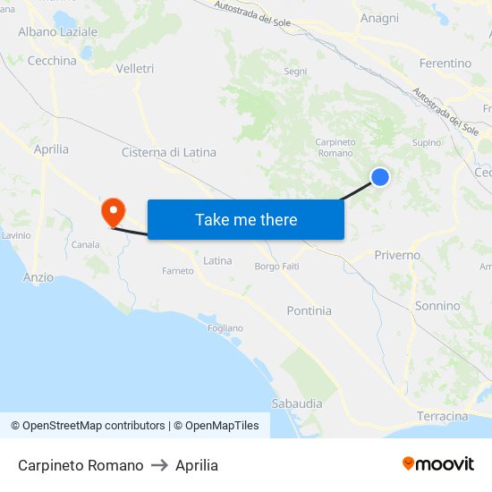 Carpineto Romano to Aprilia map