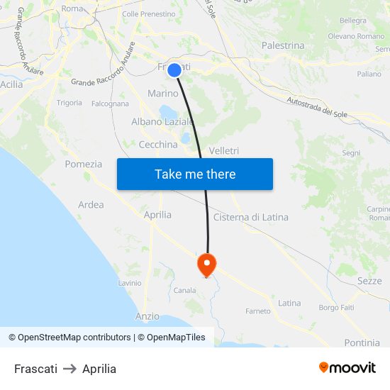 Frascati to Aprilia map