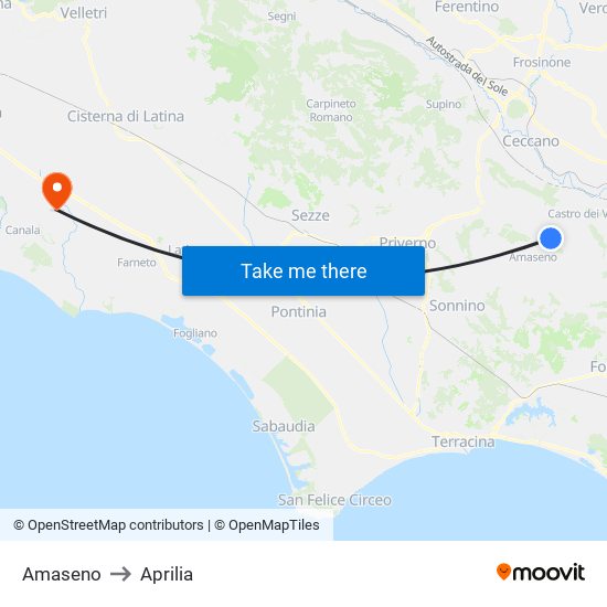 Amaseno to Aprilia map