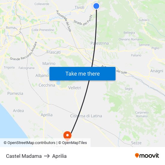 Castel Madama to Aprilia map