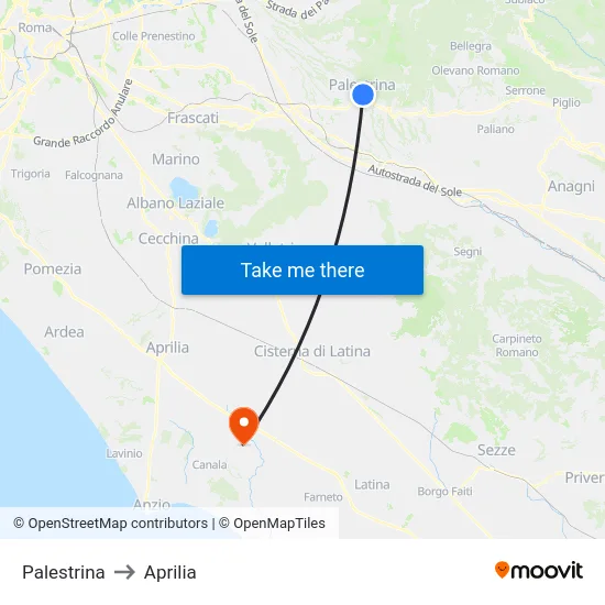 Palestrina to Aprilia map