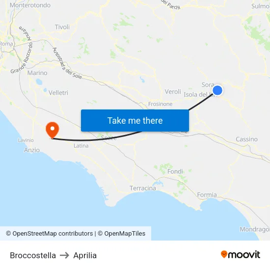 Broccostella to Aprilia map
