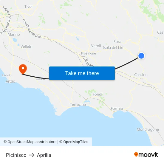 Picinisco to Aprilia map