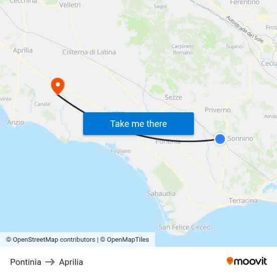 Pontinia to Aprilia map