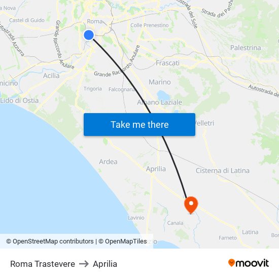 Roma Trastevere to Aprilia map