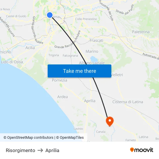Risorgimento to Aprilia map