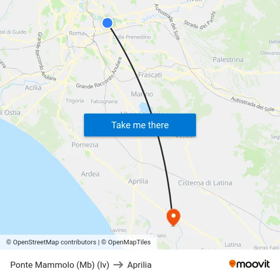 Ponte Mammolo (Mb) (Iv) to Aprilia map
