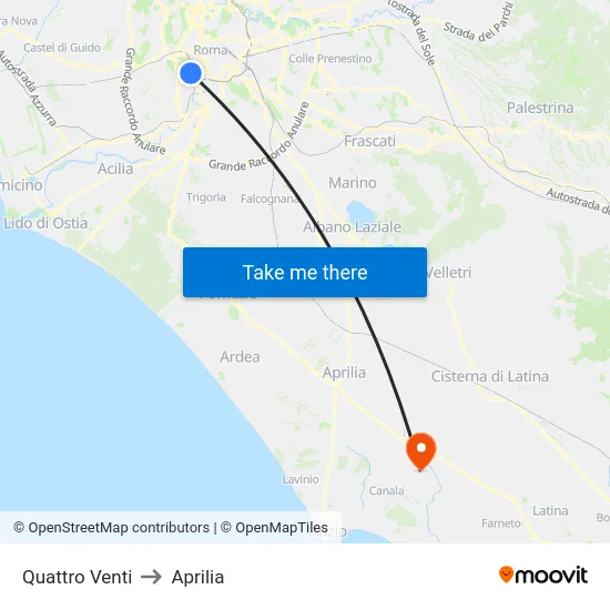 Quattro Venti to Aprilia map