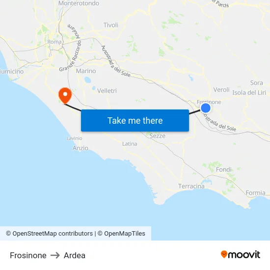 Frosinone to Ardea map
