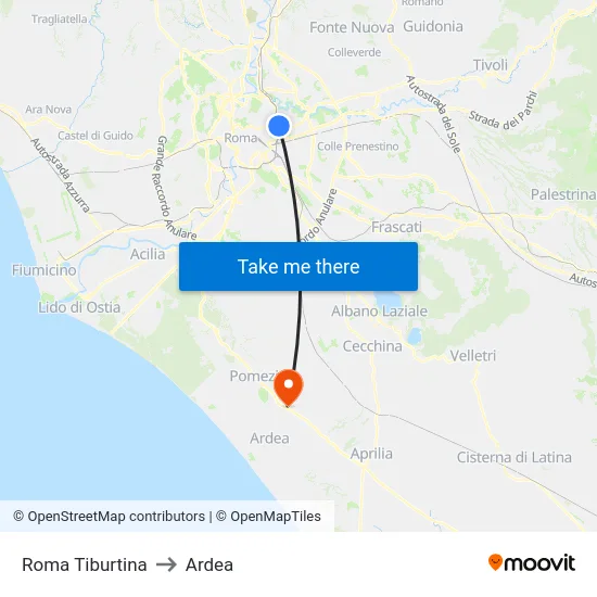 Roma Tiburtina to Ardea map