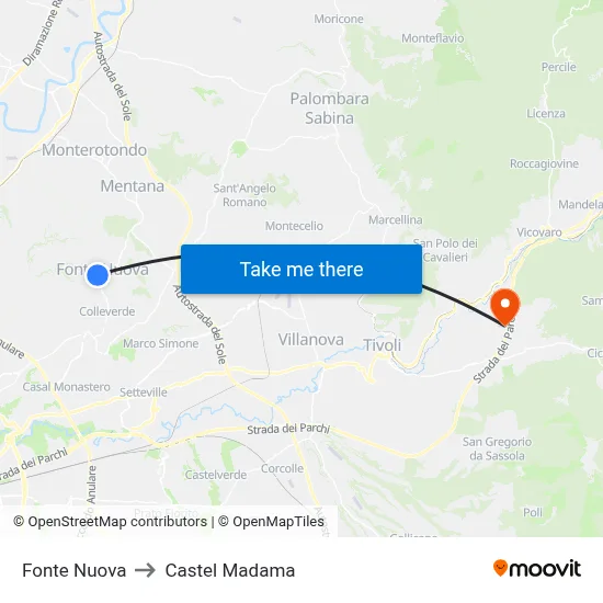 Fonte Nuova to Castel Madama map