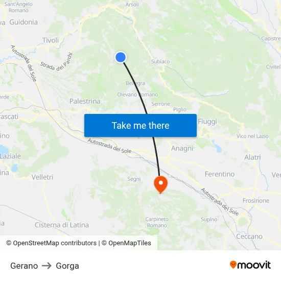 Gerano to Gorga map