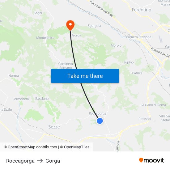 Roccagorga to Gorga map