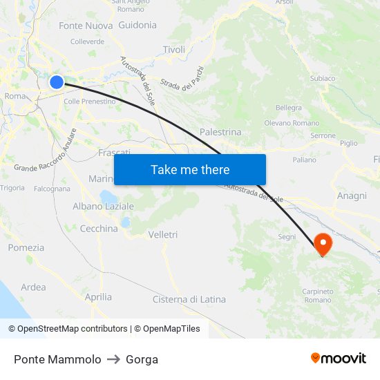 Ponte Mammolo to Gorga map