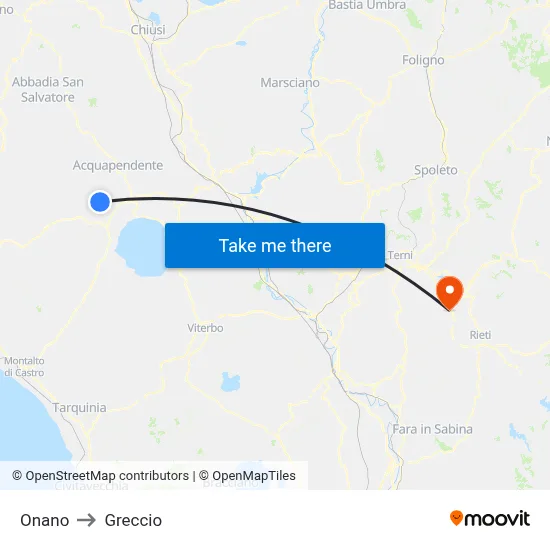 Onano to Greccio map