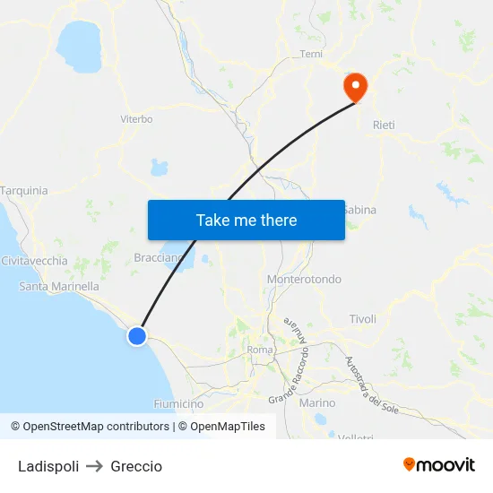 Ladispoli to Greccio map