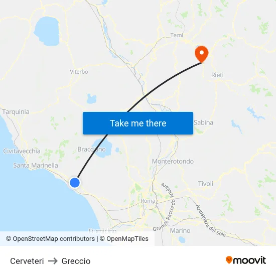Cerveteri to Greccio map