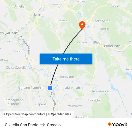 Civitella San Paolo to Greccio map