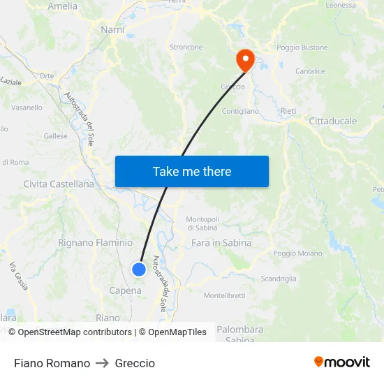 Fiano Romano to Greccio map