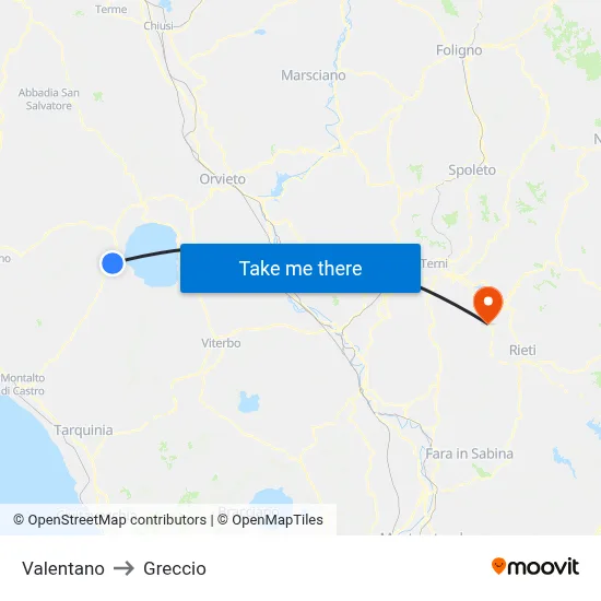 Valentano to Greccio map