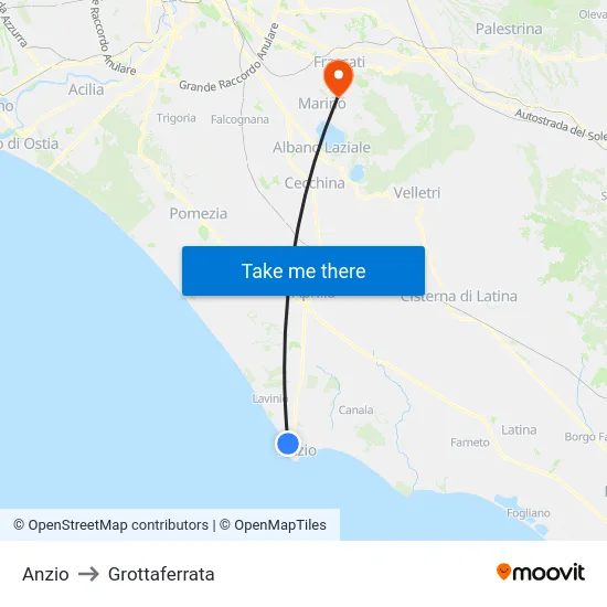 Anzio to Grottaferrata map