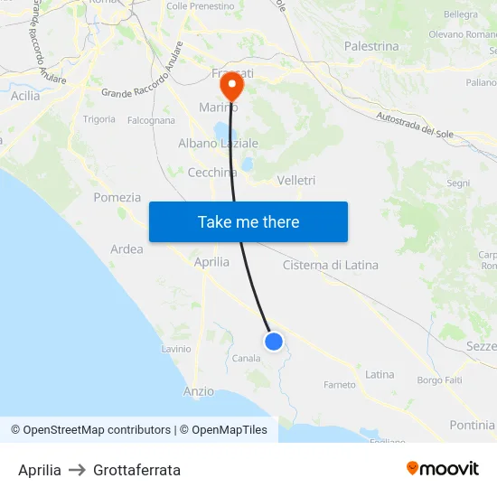 Aprilia to Grottaferrata map