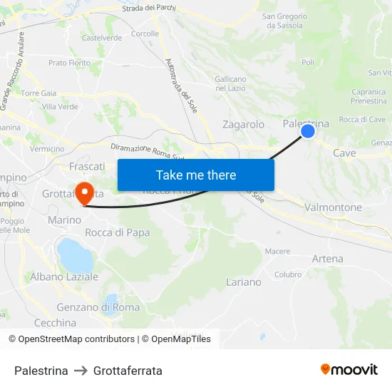 Palestrina to Grottaferrata map