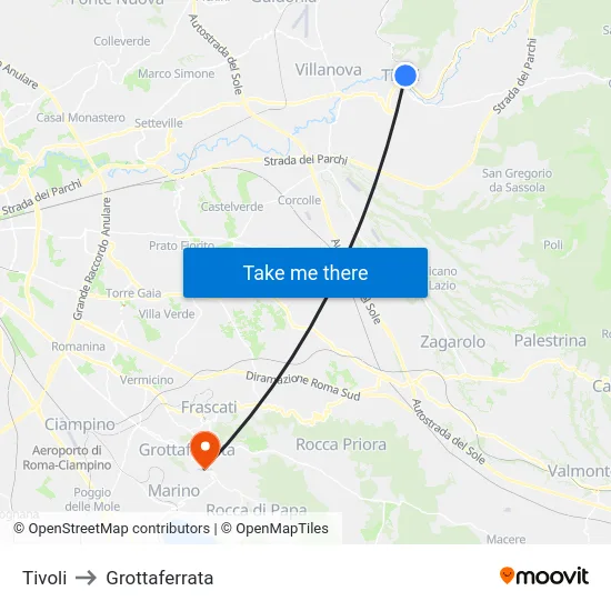Tivoli to Grottaferrata map