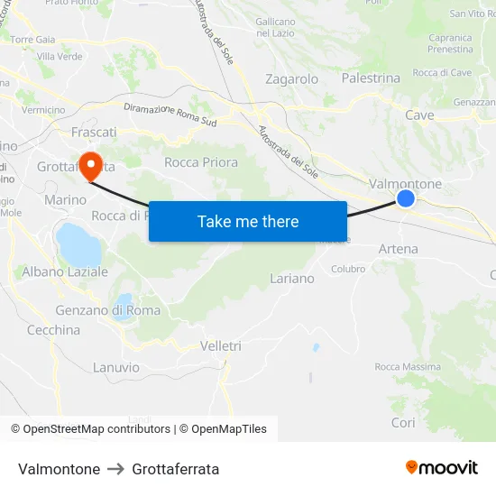 Valmontone to Grottaferrata map