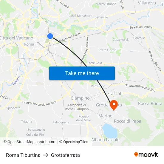 Roma Tiburtina to Grottaferrata map