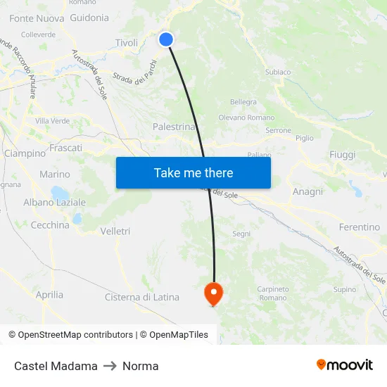 Castel Madama to Norma map
