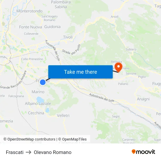 Frascati to Olevano Romano map