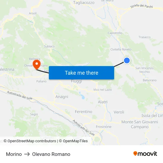 Morino to Olevano Romano map