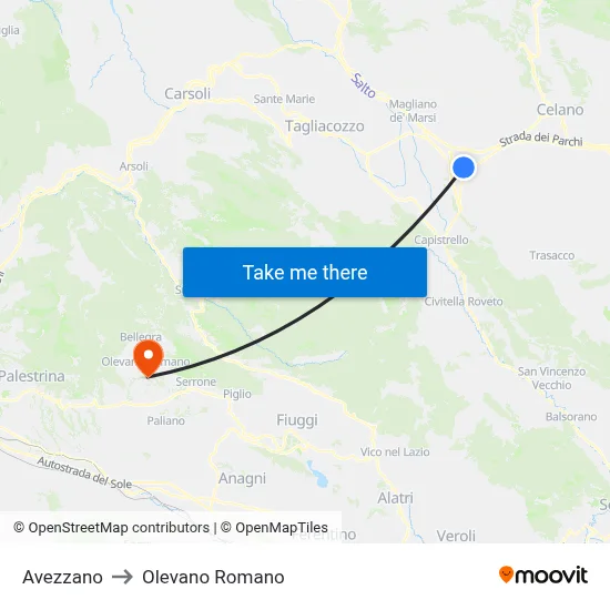 Avezzano to Olevano Romano map