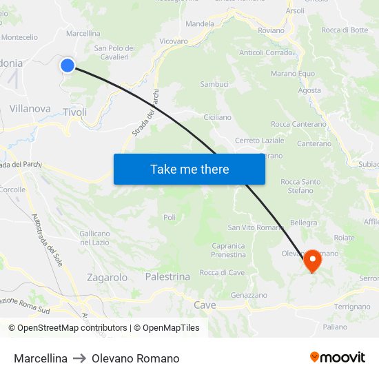 Marcellina to Olevano Romano map