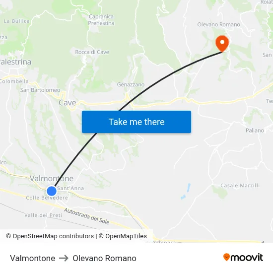 Valmontone to Olevano Romano map