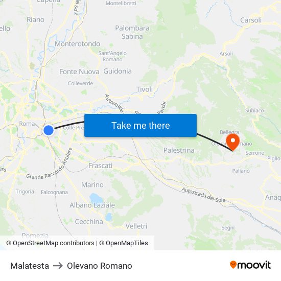 Malatesta to Olevano Romano map