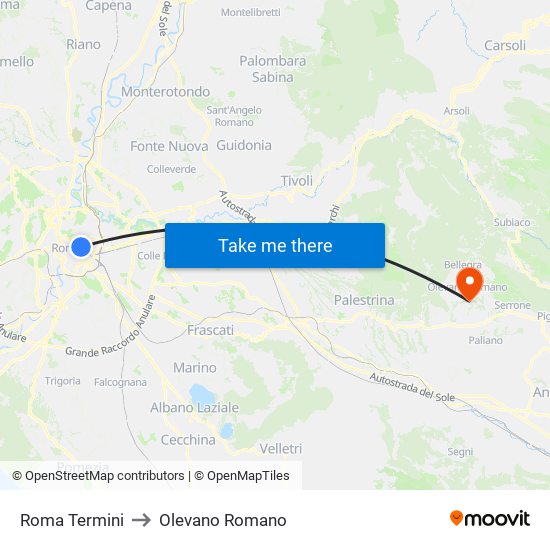 Roma Termini to Olevano Romano map