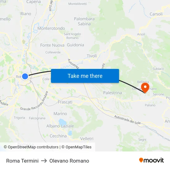 Roma Termini to Olevano Romano map