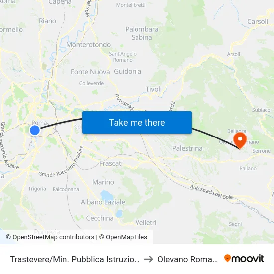 Trastevere/Min. Pubblica Istruzione to Olevano Romano map