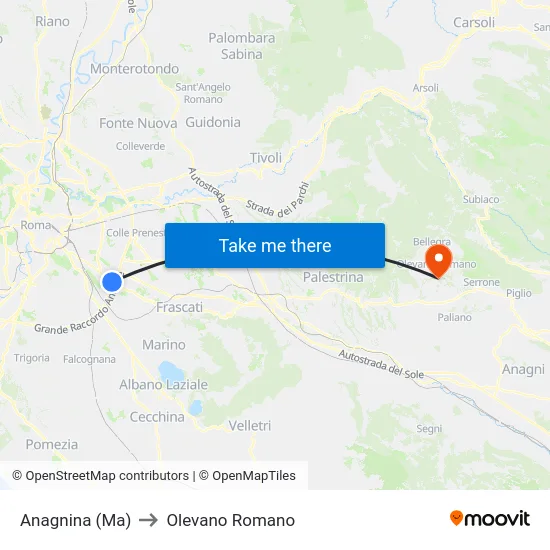 Anagnina (Ma) to Olevano Romano map