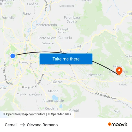 Gemelli to Olevano Romano map