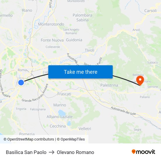 Basilica San Paolo to Olevano Romano map