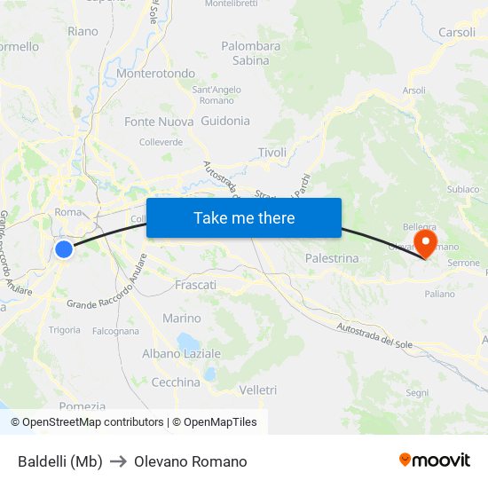 Baldelli (Mb) to Olevano Romano map