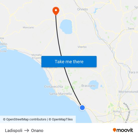 Ladispoli to Onano map