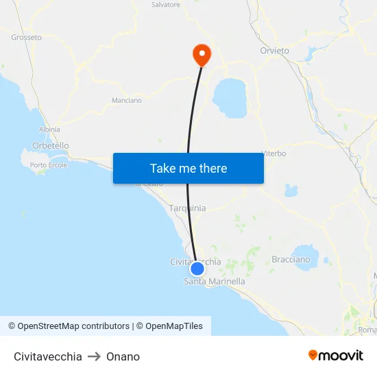 Civitavecchia to Onano map