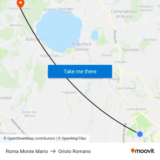 Roma Monte Mario to Oriolo Romano map