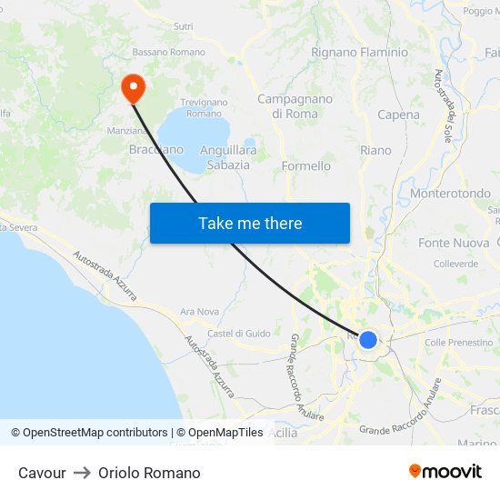 Cavour to Oriolo Romano map