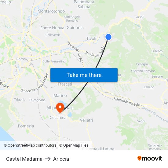 Castel Madama to Ariccia map