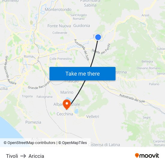 Tivoli to Ariccia map